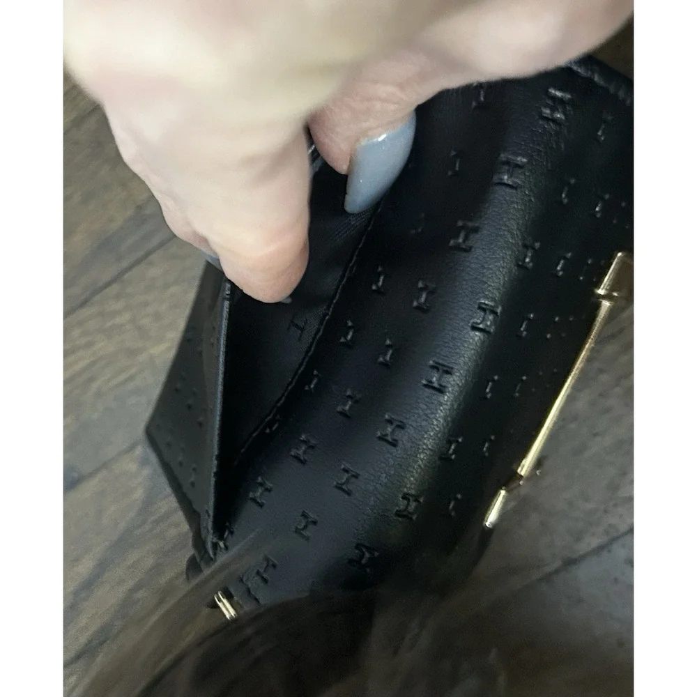 Halston Black Folded Wallet Women Logo Credit Card Gold Hardware Keychain